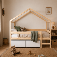 Lit cabane enfant Chalet en bois massif, finition bois naturel, avec tiroirs (vue 2)