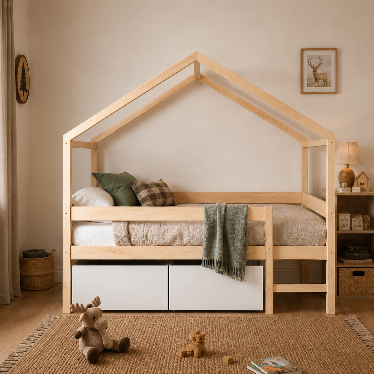 Lit cabane enfant Chalet en bois massif, finition bois naturel, avec tiroirs (vue 2)