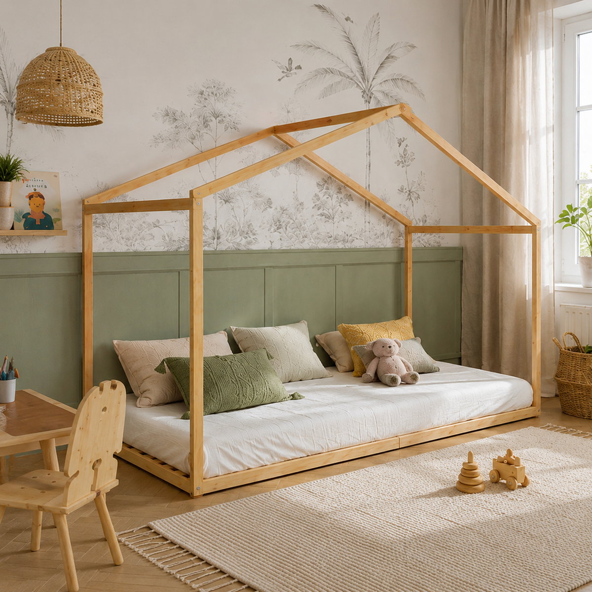 Lit cabane enfant Lucarne en bois massif, finition bois naturel