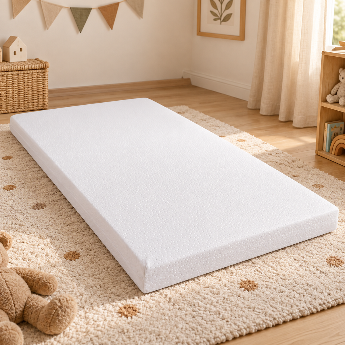 Matelas enfant en mousse, coutil écru, dans une chambre d'enfant